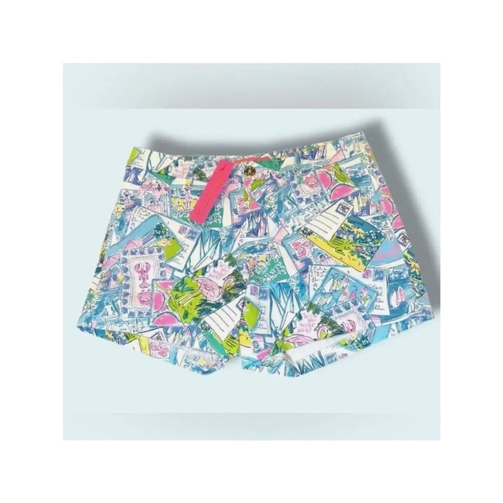Lilly Pulitzer Callahan Stretch Shorts 10 Wish You Were Here 5” Travel Postcard - Picture 1 of 12